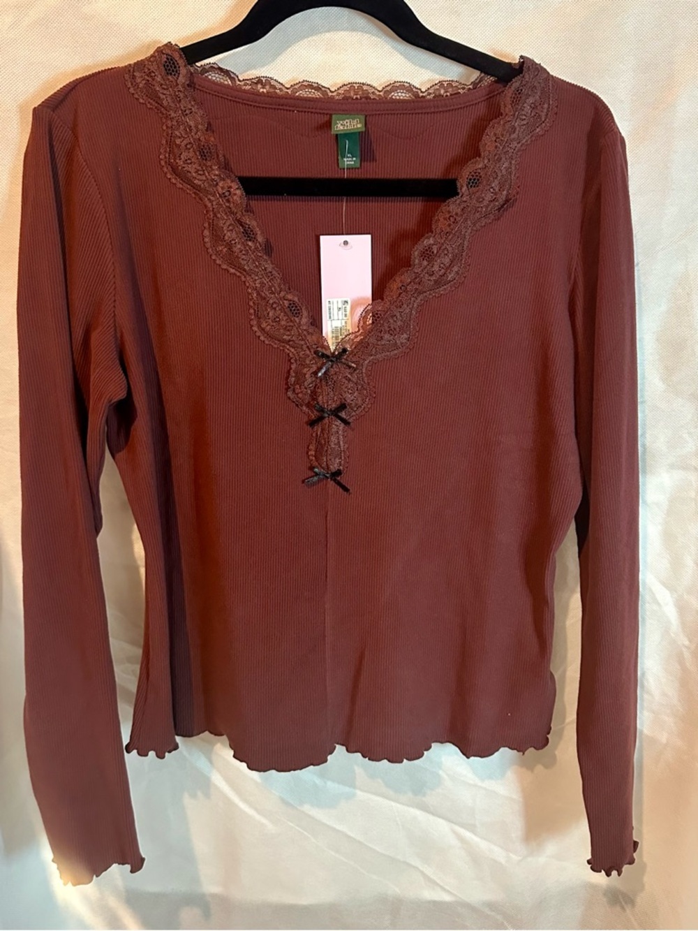 Wild Fable Lace-Trim Long Sleeve Top in Wine